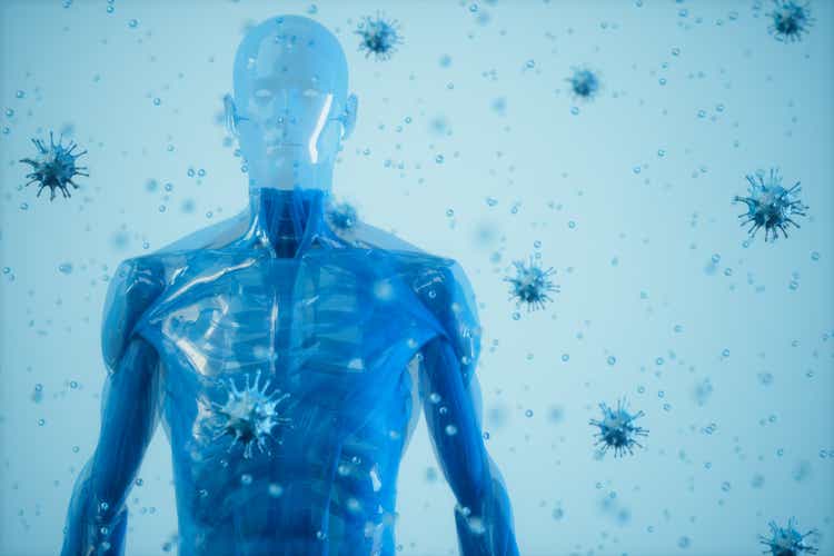 Human Immune System And Virus.The Human Body Surrounded By Viruses On Blue Background