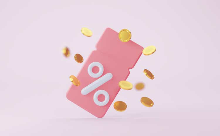 Pink coupon with coins. 3d Rendering.