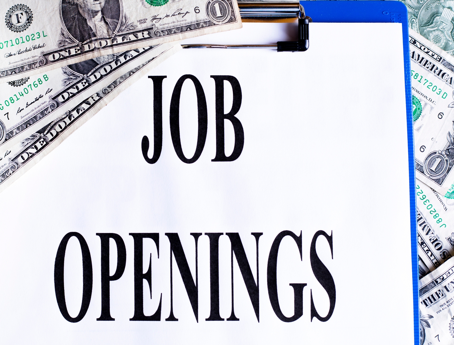 Background of US One Dollar Bills. Signs for Employment opportunities.