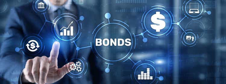 Businessman clicks a bonds virtual screen. Bond Finance Banking Technology concept. Trade Market Network