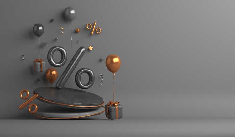 Black Friday sale display podium background with percent balloon symbol, gift box, copy space text, 3D rendering illustration