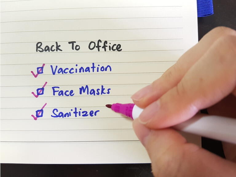 Back to office or workplace checklist. Ensure staffs or employees are fully vaccinated, have face mask on and sanitize hands regularly to protect themselves from covid-19 coronavirus