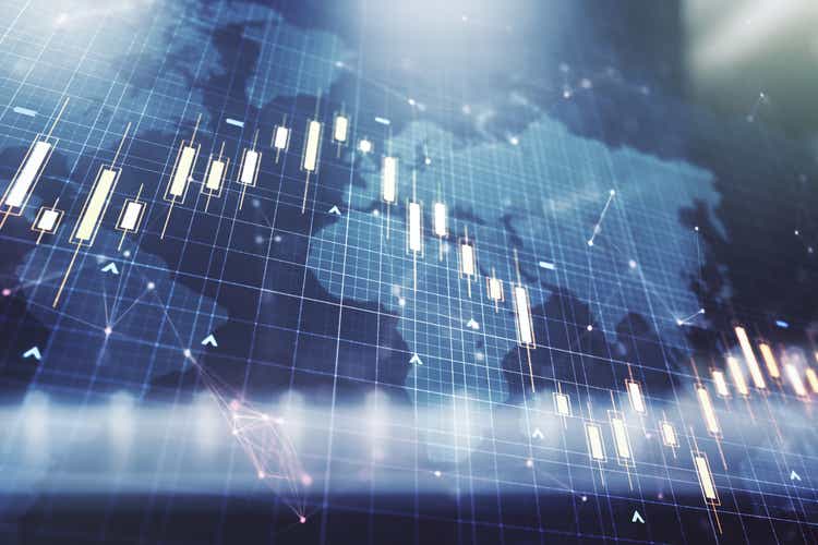 Double exposure of abstract creative financial chart hologram and world map on modern business center exterior background, research and strategy concept