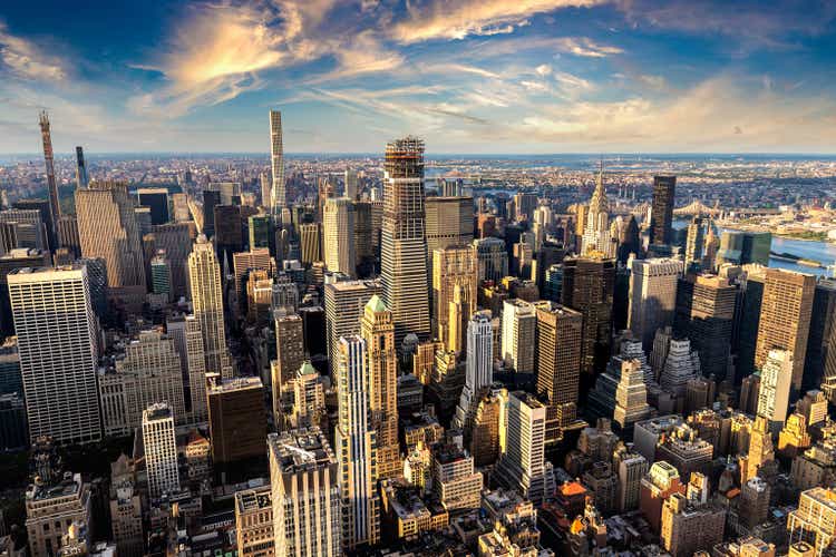 Aerial view of Manhattan at sunset