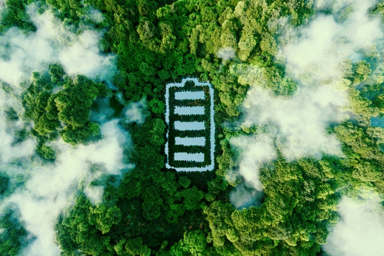 Konzept, das neue Möglichkeiten für die Entwicklung ökologischer Batterietechnologien und grüner Energiespeicherung in Form eines batterieförmigen Teiches in einem üppigen Wald aufstellt. 3D-Rendering.