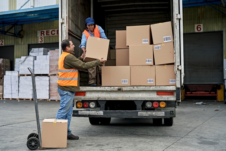 Black Female Truck Driver Loading Boxes in Cargo Space
