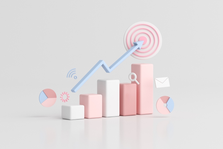 Illustration of business stock chart with arrow on target, 3d rendering.