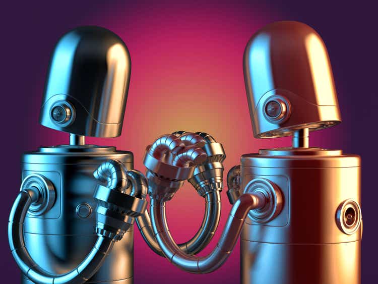 Fighting robots close-up. Conflict concept. 3D illustration