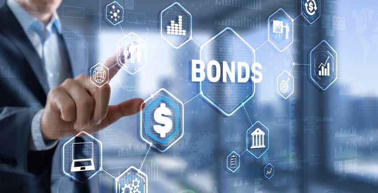 Businessman clicks inscription bonds. Bond Finance Banking Technology concept