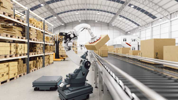 Automated robot carriers and robot arm in smart distribution warehouse