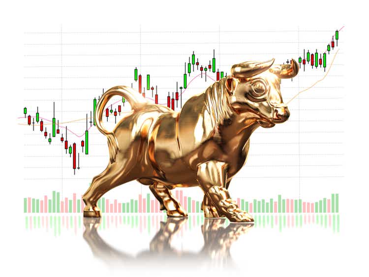 Golden bull on stock market data. Bull market on financial stock exchange market.