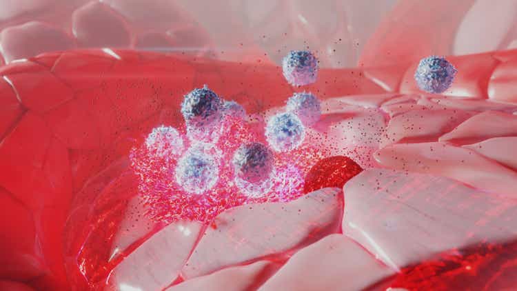 3D rendering of Natural Killer Cells attacking cancer
