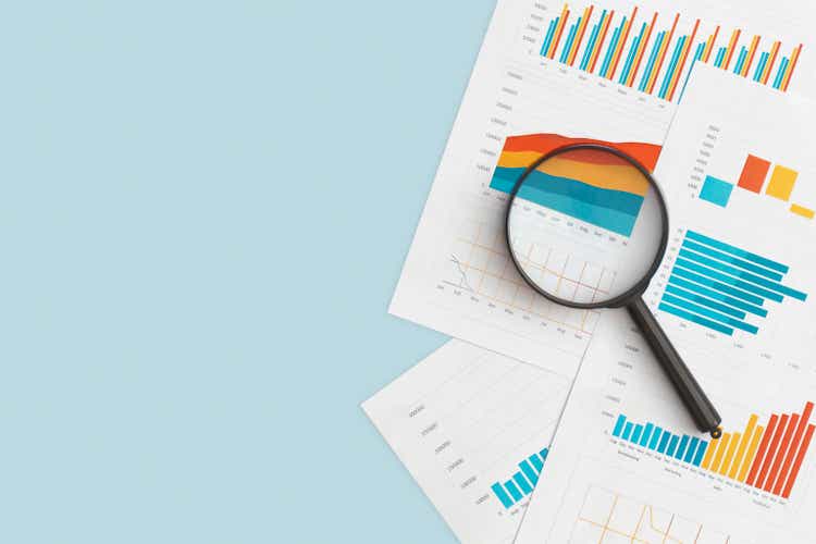 Business graphs, charts and magnifying glass on table. Financial development, Banking Account, Statistics