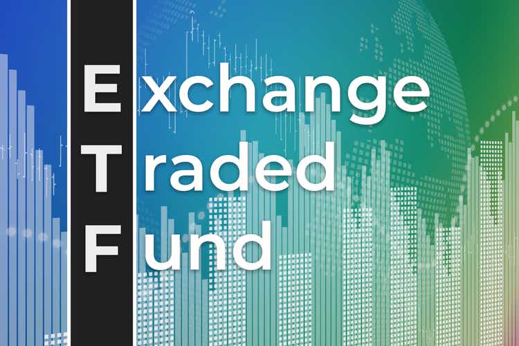 Financial term ETF (Exchange traded fund) on blue and green finance background. Trend Up and Down, Flat