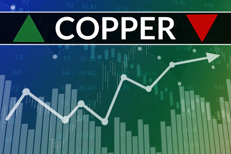 Price change on trading Copper futures on blue and green finance background. Trend up and down