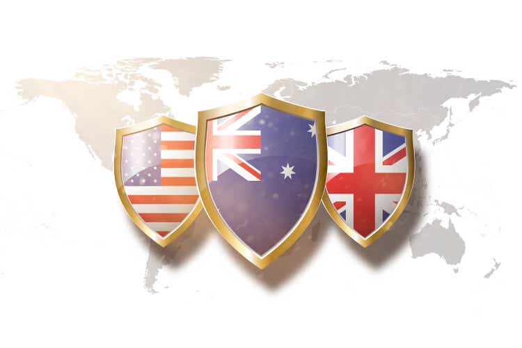 Us Australia and Great Britain flags in golden shield on world map background.aukus defense pact.