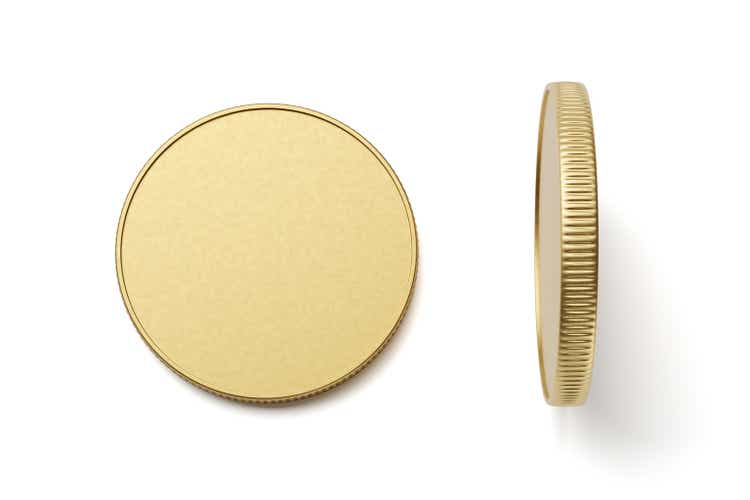 New golden coin isolated on white. 3D rendering.