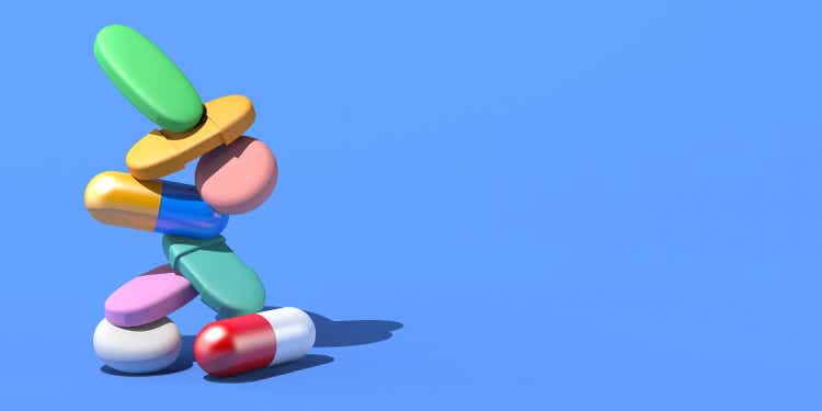 Floating tablets and capsules. Health care concept. Copy space. 3D illustration.