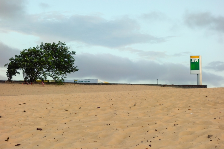 Petrobras Company logo brand behind a sand dune in Barreirinhas, Maranhao, Brazil