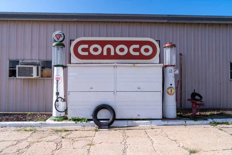 Classic old fashioned Conoco gas service station in the downtown area