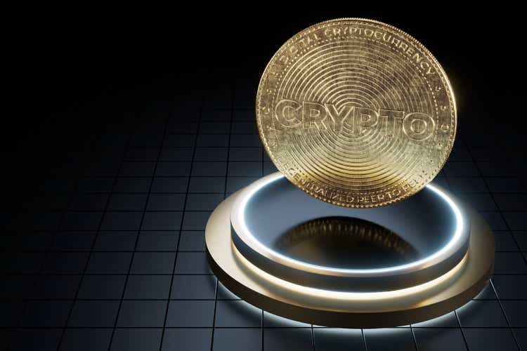 High angle view - 3D rendered image of blockchain technology (digital cryptocurrency) token /coin levitating on gold and black pedestal and black background / Concept of blockchain, decentralized financial system