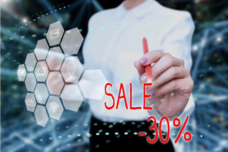 Handwriting text Sale 30 Percent. Business approach A promo price of an item at 30 percent markdown Lady In Uniform Holding Tablet In Hand Virtually Typing Futuristic Tech.