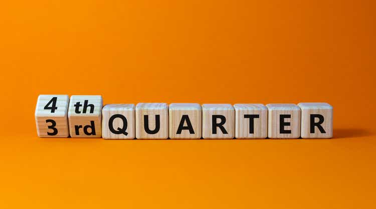 From 3rd to 4th quater symbol. Turned wooden cubes and changed words "3rd quater" to "4th quater". Beautiful orange table, orange background. Business, happy 4th quater concept, copy space.