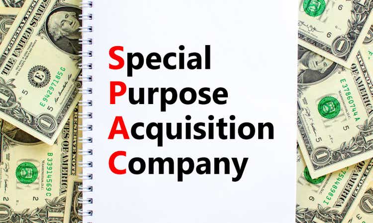 SPAC, special purpose acquisition company symbol. Words SPAC, special purpose acquisition company on white note on beautiful background from dollar bills. Business and SPAC vs IPO concept. Copy space.