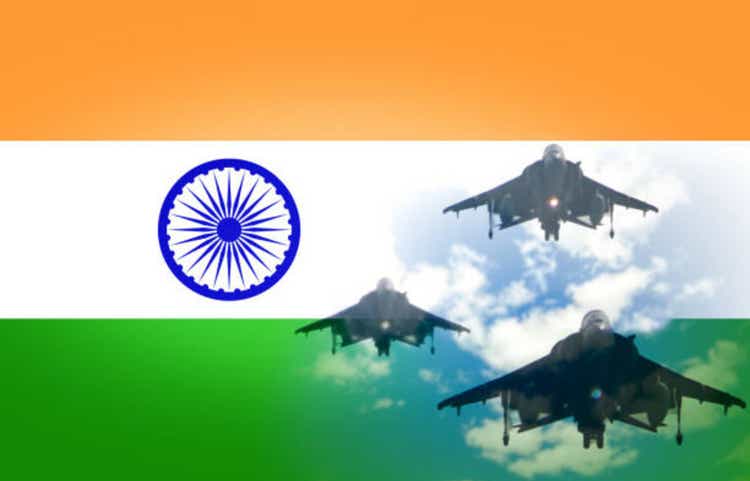 India air forces strike concept. Fighter aircrafts on Indian flag background