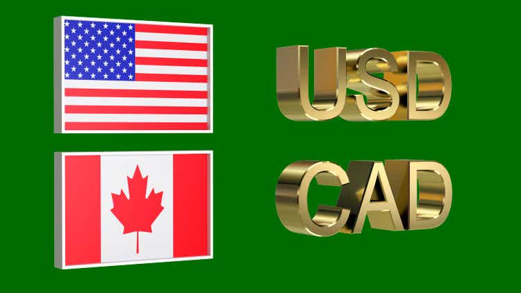 Gold plated USD and CAD symbols along with the flags of USA and Canada on a neutral green background. Finance concept.
