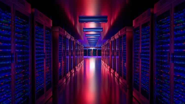 Serveur. Centre de données de la salle de serveurs. Sauvegarde, exploitation minière, hébergement, mainframe, batterie de serveurs et rack informatique avec informations de stockage. En bas. Rendu 3D