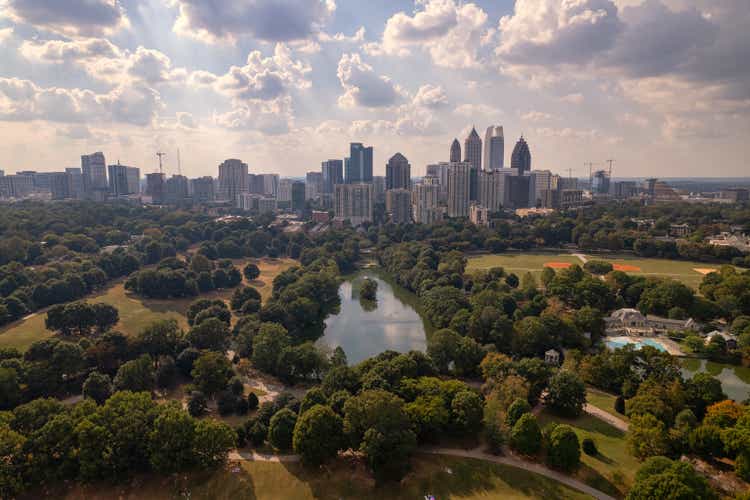 aerial view of Piedmont Park with Atlanta skyline