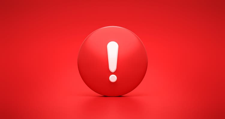 Red urgency warning icon symbol and alert security caution message or exclamation danger safety sign on error risk secure mark illustration background with warn signal stop attention alarm. 3D render.