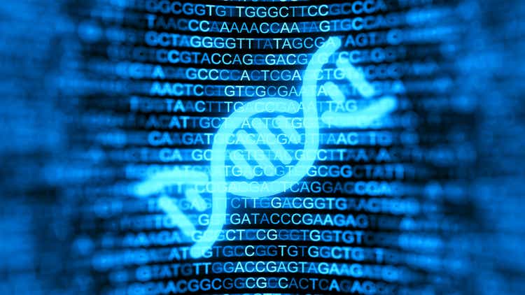 Digital screen with DNA strands and data background. Double helix structure. Nucleic acid sequence. Genetic research. 3d illustration.