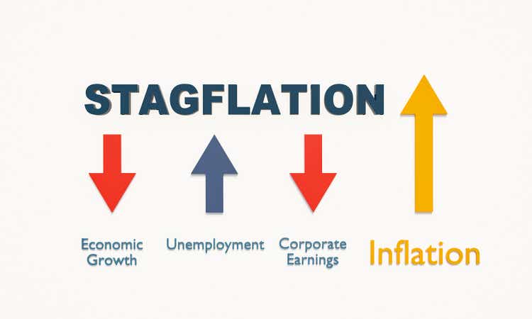 Stagflation concept. Arrows down for economy decreases , earnings falls and arrows up for unemployment rises during steadily increase of inflation. 3D illustration.