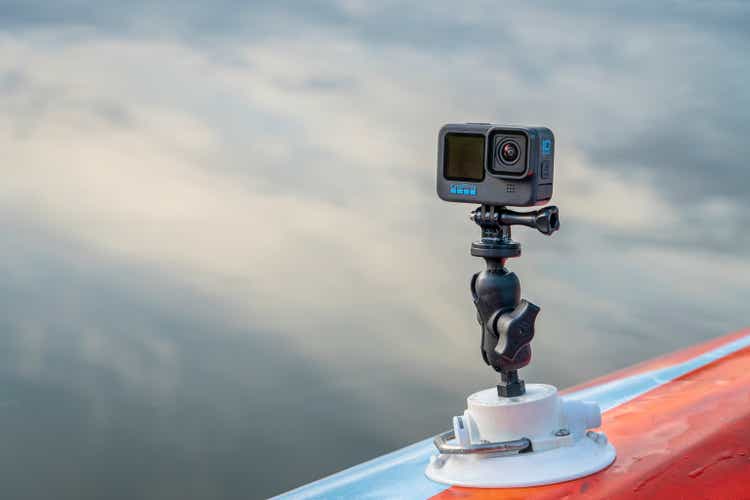 GoPro Hero 10 action camera mounted on a paddleboard or kayak
