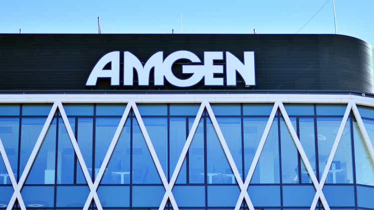 Sign Amgen. Company signboard Amgen