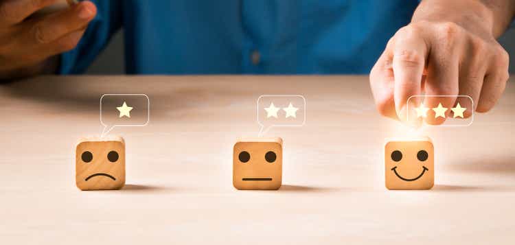 For customer evaluation and satisfaction with goods and service, a wooden block with an emotion face and yellow stars is used.