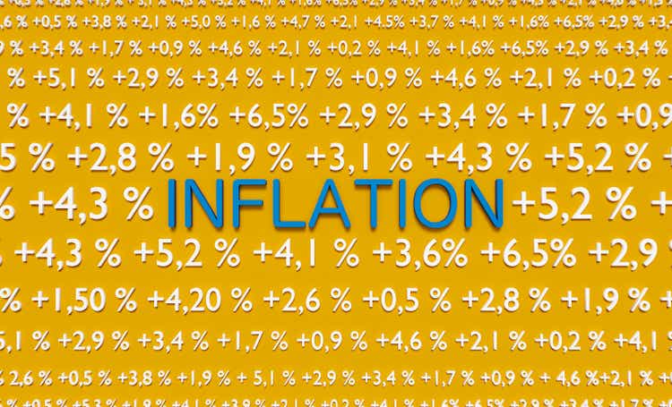 The word Inflation in blue against a yellow background. Several positiv percentage numbers as symbol for rising inflation.