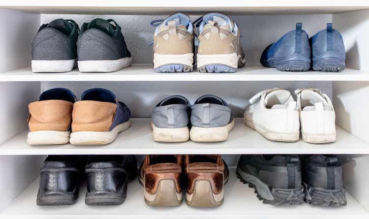 Footwear styles in the shoe rack.