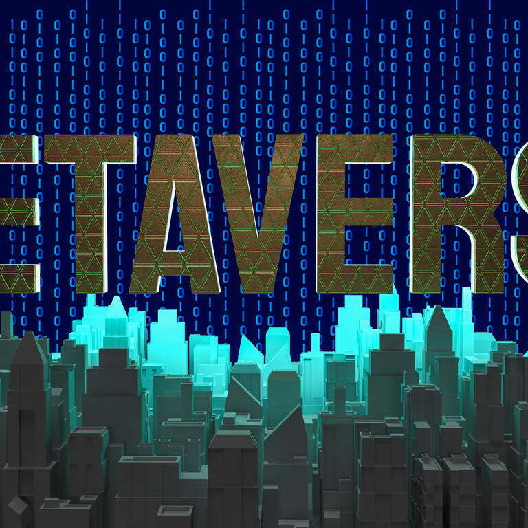 metaverse text and building city in digital background for technology concept 3d rendering