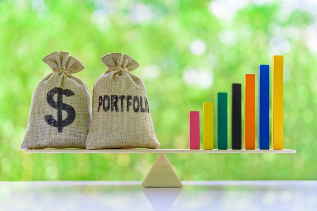 Dollar and portfolio bags, rising bar graph on basic balance scale