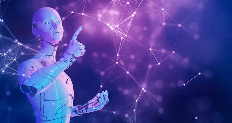 Artificial intelligence 3D robot hand finger pointing in futuristic cyber space metaverse background, digital world technology