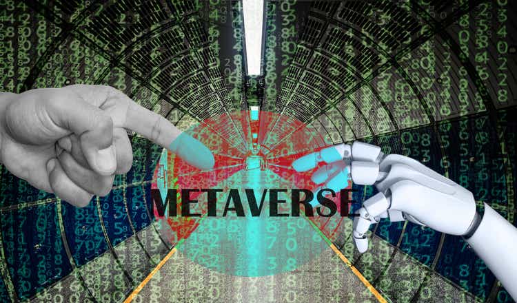 Concept illustrating metaverse, between real and virtual world. Human hand and robot hand, in Virtual spaces, augmented reality, avatars, cyberspace.