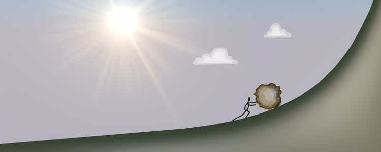 Sisyphus pushing a rock up a hill. Working hard. Ambition.