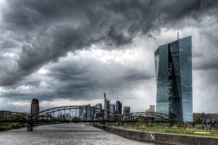 The ECB (European Central Bank) in Frankfurt am Main in front of a dramatic sky
