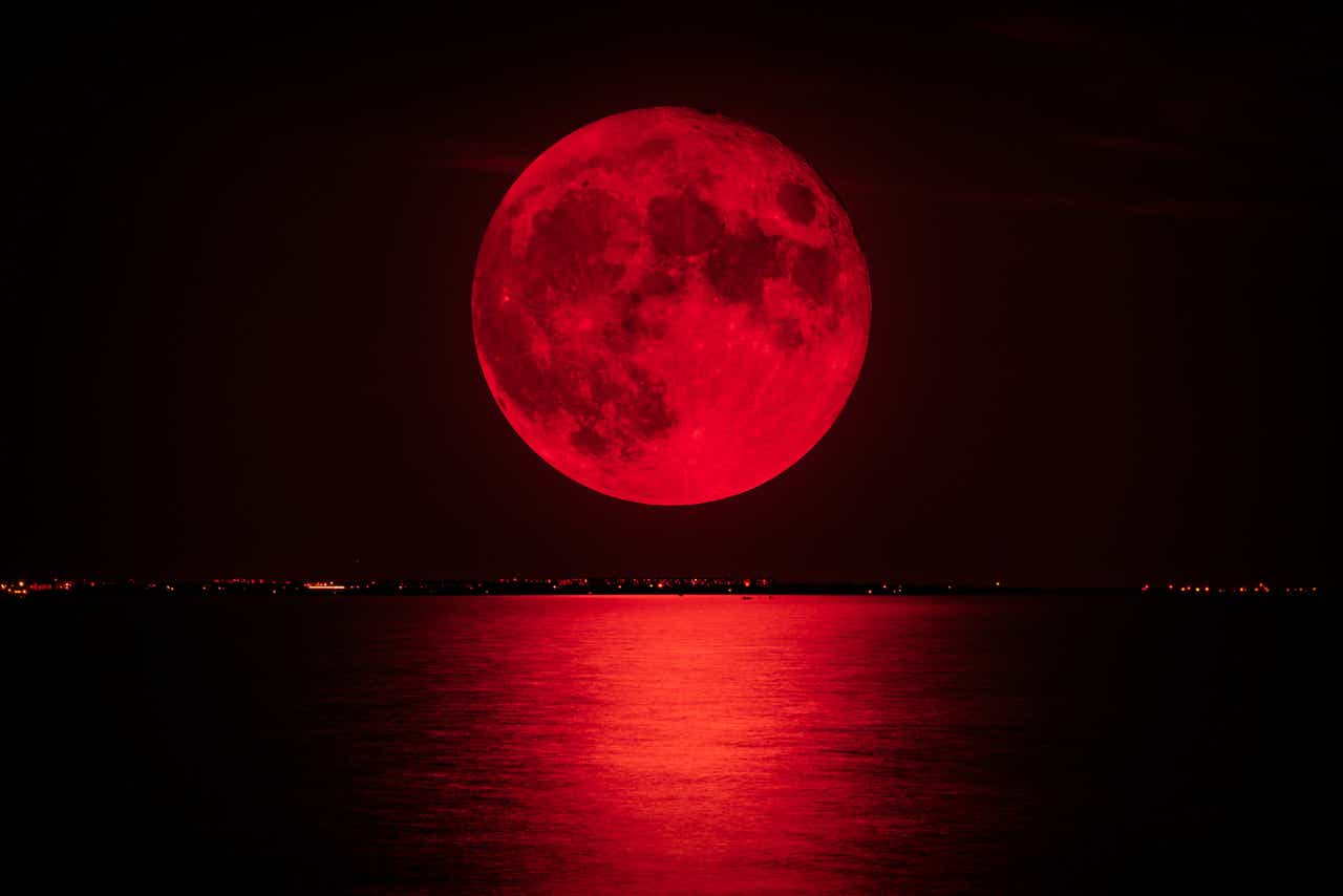 Full red moon over the sea. 