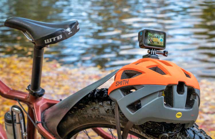 GoPro Hero 10 action camera mounted on a biking helmet