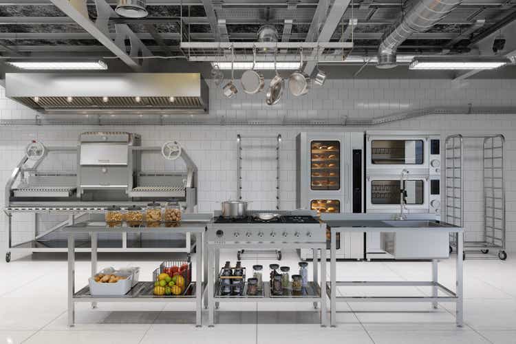 Front View Of Modern Industrial Kitchen Interior With Kitchen Utensils, Equipment And Bakery Products