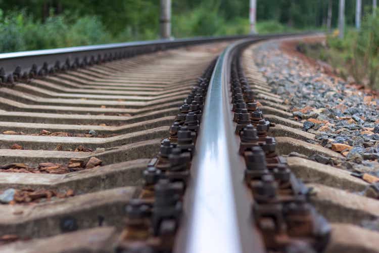 Railway rails and sleepers close-up.